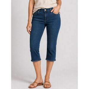 G.I.L.I. Blue Capri Jeans Size 14P Mid Rise Stretch Cropped Denim Frayed Hem